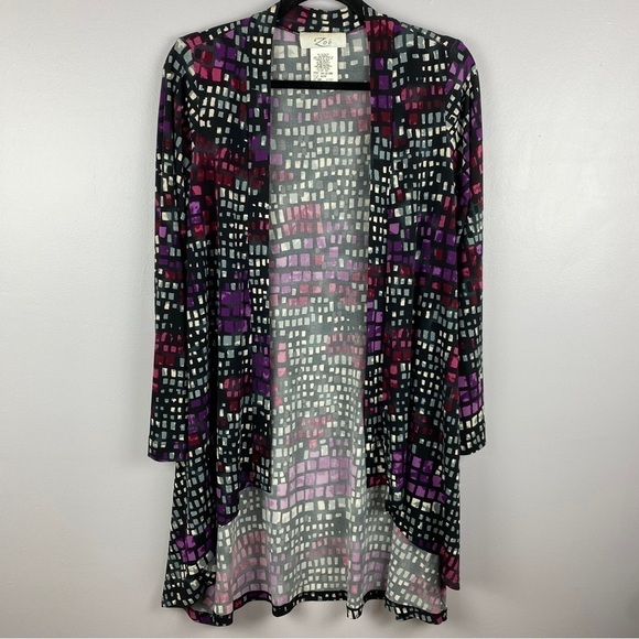 Zoe Classic Geometric Longline Open Front Long Sleeve Cardigan Medium Purple - Picture 3 of 10